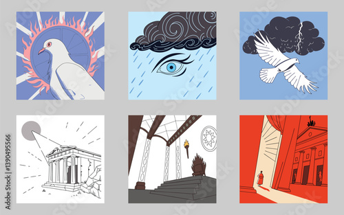 Set of hand-drawn vintage bird illustrations for stamps and postcards