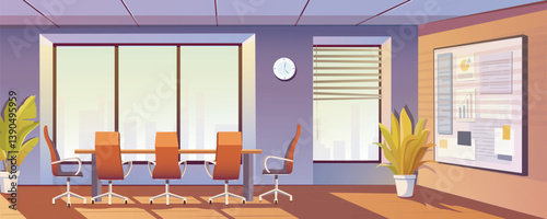 Conference room interior background banner for game design. Meeting boardroom with desk and chairs, presentation board, bis windows. Office for coworking and brainstorming. Vector cartoon illustration