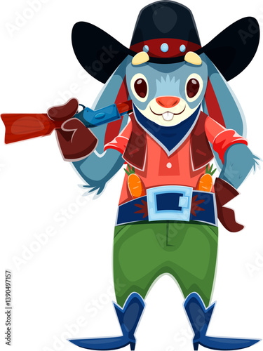 Cartoon Wild West animal cowboy or bunny ranger character, vector Western bandit. Texas cowboy rabbit with funny face or Wild West animal character in sombrero hat, with rifle and carrots in bandoleer