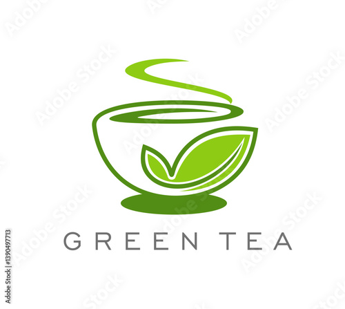 Organic herbal green tea store icon. Herbal beverage company abstract vector emblem, restaurant hot drinks menu sign. Premium natural green tea brand or store symbol with green leaf, cup and vapor