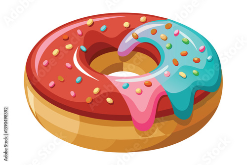 This delightful donut features a vibrant combination of red and blue icing adorned with colorful sprinkles, ready to satisfy your sweet cravings.