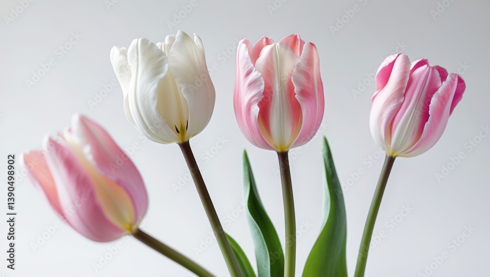 Obraz premium Studio Image of Pink and White Tulip Flowers Isolated on a White Background. Large Depth of Field (DOF). Macro.
