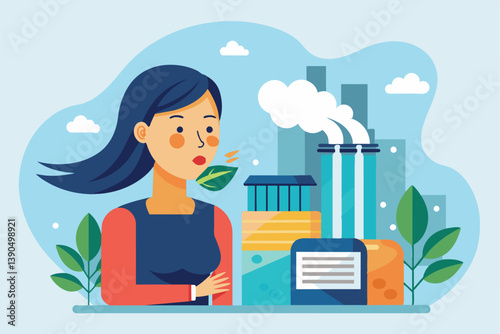 A woman with long hair reflects on the relationship between nature and industrial development, surrounded by buildings and smokestacks under a blue sky.