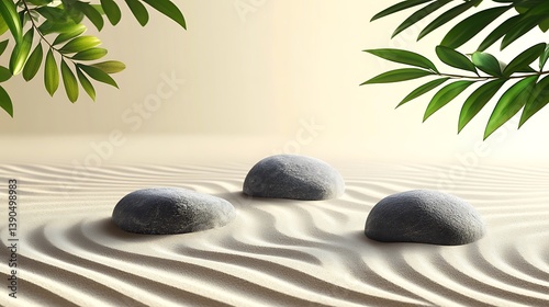 Three smooth grey stones in rippled sand, serene zen garden scene.