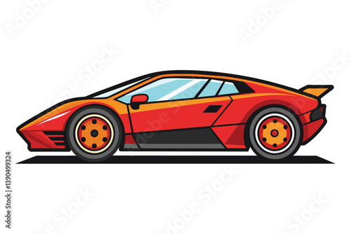 This illustration depicts a sleek sports car in bright red and orange tones, highlighting its aerodynamic shape and dynamic features typical of racing vehicles.