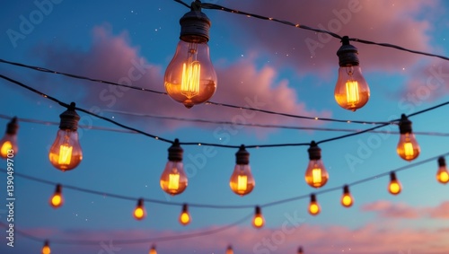 string wired bulbs against a blue evening sky