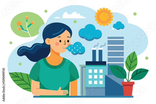 A woman is thoughtfully observing the air quality near a factory, clouds floating in the sky and sun shining down, while vibrant plants surround her.