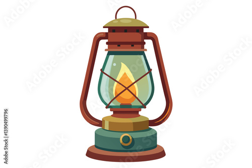 The vintage oil lamp emits a warm glow, featuring a classic design with a glass lantern, metal framework, and a flickering flame, evoking nostalgia and comfort.