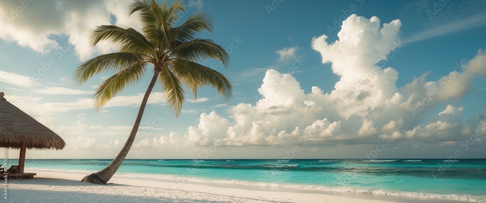 Stunning perspective of the tropical sandy beach featuring palm trees, Caribbean Islands.