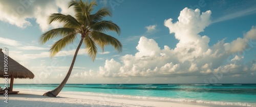 Obraz na płótnie Stunning perspective of the tropical sandy beach featuring palm trees, Caribbean Islands. w salonie