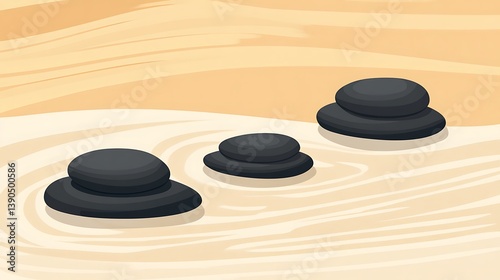Three stacks of smooth black stones in a zen garden.