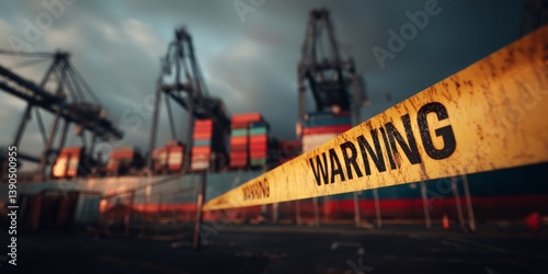 Warning tape blocking access to a shipping port with stacked cargo containers in the background. Conceptual image representing U.S. import tariffs, trade restrictions, or supply chain disruption.