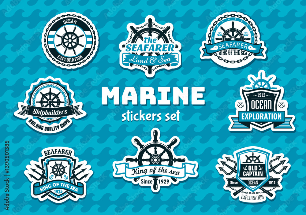 Marine labels or stickers pack of sea navy badges with anchor and ship helm, vector icons. Heraldic marine labels set of trident and captain or sailor seafaring quotes with wave ribbons and chains