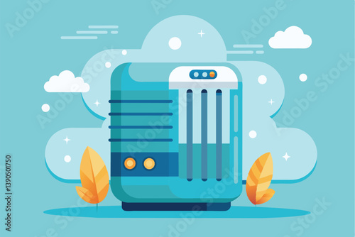 This illustration features a stylish heater in vibrant blue tones, set against a bright backdrop with clouds and autumn leaves, conveying warmth and comfort.