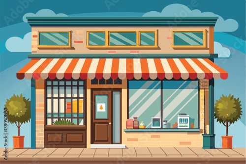A quaint storefront features a colorful striped awning and potted plants beside the entrance, showcasing an inviting atmosphere on a bright, clear day.