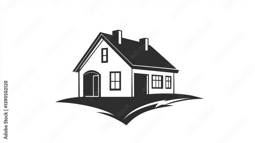 Fototapeta premium Simple House Illustration on a Hillside. Possible Use Stock photo for real estate, construction, or home design concepts