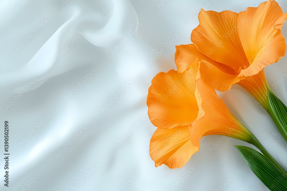 Fototapeta premium Orange gladiolus flowers with delicate petals against soft white silk fabric background creating elegant minimalist composition for wedding and romantic designs.