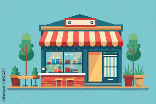 The small shop features a colorful striped awning, a bright window display filled with items, and neatly arranged plants outside, creating an inviting atmosphere.