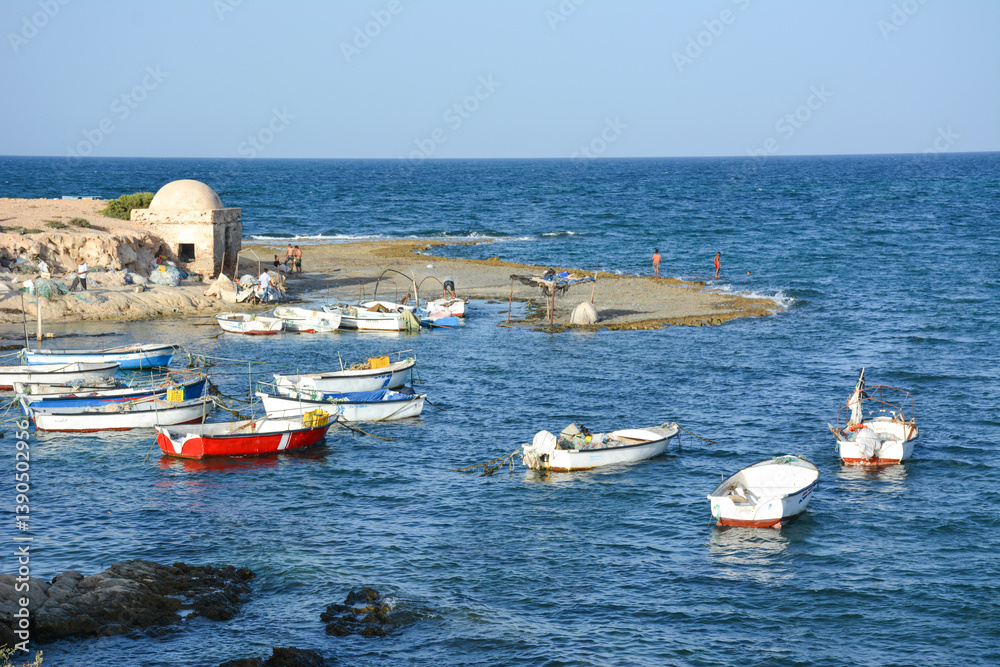 Fototapeta premium Fishermen village in Tunisia. Serene coastal scene with several fishing boats anchored in the clear blue water. A rocky shoreline extends into the sea, with people fishing at the water's edge.