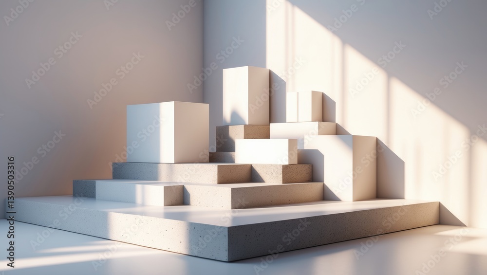 Step podium for cosmetic packaging presentation, featuring shadows on the wall. Product display with white concrete and stone textures, natural beauty pedestal illuminated by sunlight. Realistic re... Step podium for cosmetic packaging presentation, featuring shadows on the wall. Product display with white concrete and stone textures, natural beauty pedestal illuminated by sunlight. Realistic re...