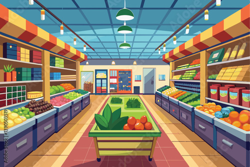 The grocery store showcases a bright interior with neatly arranged produce and shelves stocked with a variety of items, creating an inviting shopping experience for all.