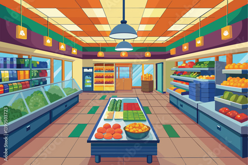 The grocery store features well-stocked shelves of vibrant fruits and vegetables, with wooden bins and bright lighting creating an inviting atmosphere for shoppers.