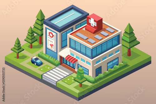 The building features a sleek facade with large windows, a rooftop swimming pool, and landscaped gardens, providing a serene environment for healthcare services.