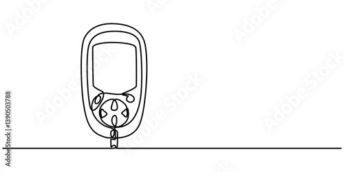One continuous line drawing of Blood glucose meter test illustration. glucometer pharmacy equipment outline, Continuous single line drawing of a glucometer for monitoring blood sugar. Minimal editable