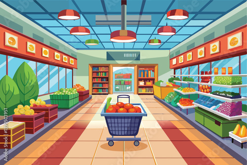 The grocery store showcases colorful displays of fruits and vegetables, organized shelves filled with groceries, and a shopping cart ready for use in broad daylight.