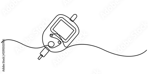 One continuous line drawing of Blood glucose meter test illustration. glucometer pharmacy equipment outline, Continuous single line drawing of a glucometer for monitoring blood sugar. Minimal editable