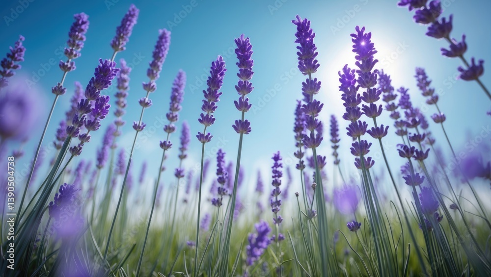 Naklejka premium Sunlight closeup of lavender field beneath blue sky with sun rays for banner design. Zen nature embodies a peaceful and bright floral garden from a low angle. Idyllic summer flowers represent roman...