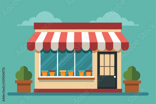 The small shop features a vibrant red and white striped awning, showcasing potted plants along the window, creating an inviting atmosphere on a clear day.