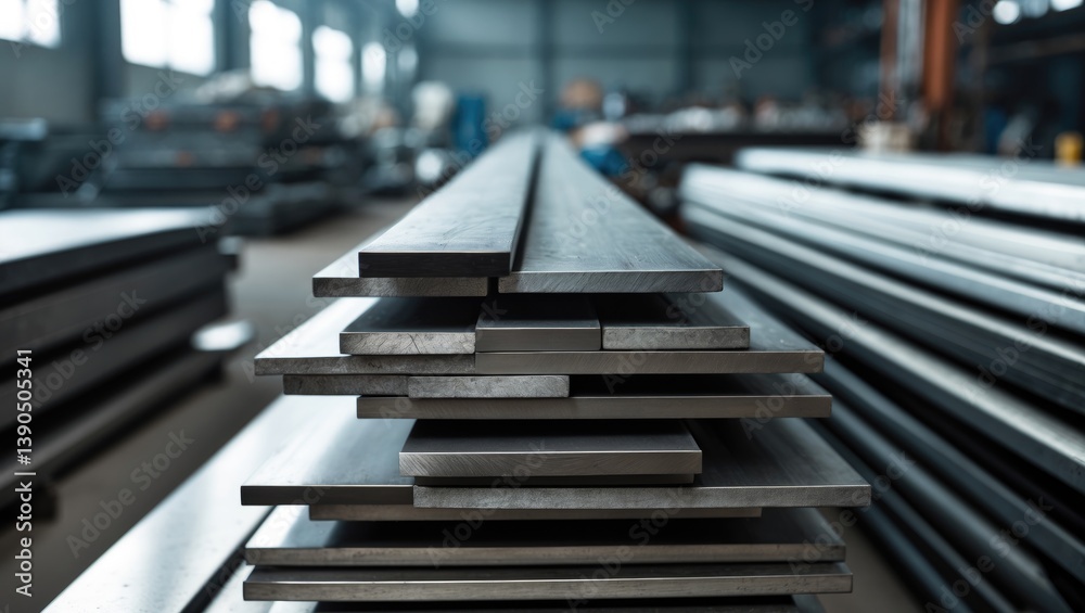 Stack of flat bar made of stainless steel background.