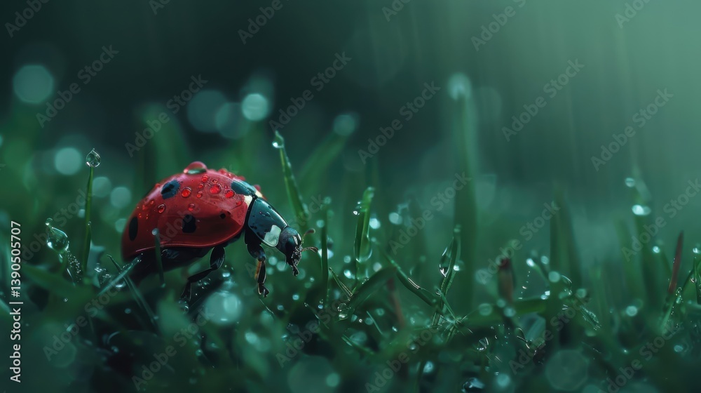 Obraz premium Captivating close-up of a ladybug resting in dew-kissed grass under a soft misty morning light