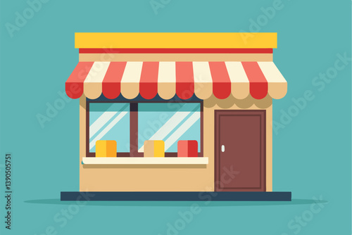 This vibrant storefront features a bold striped awning, large windows displaying colorful items, and a welcoming door, set in a lively neighborhood during daylight.