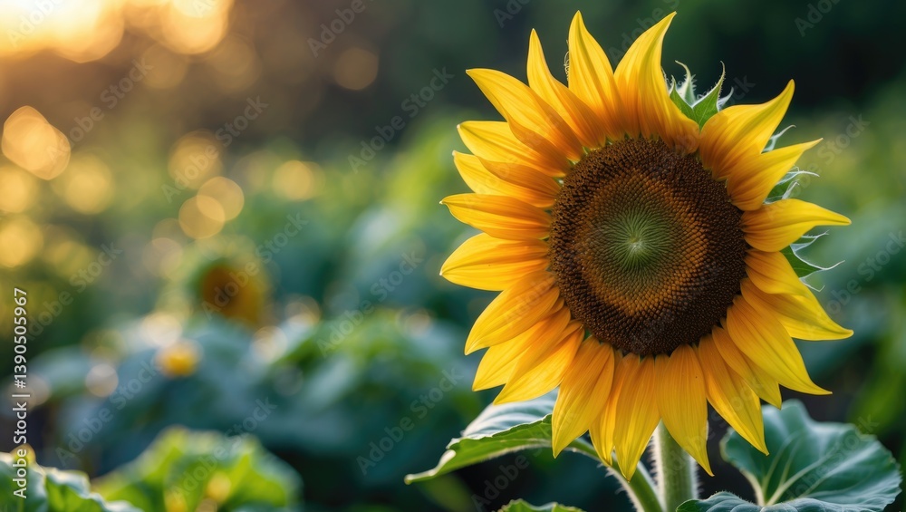 Fototapeta premium Sunflower. Bright yellow sunflowers, successful harvest, vibrant sunny flower. Agriculture, vegetable garden, field, cultivating seeds for oil. Health advantages, enhances skin health, encourages c...