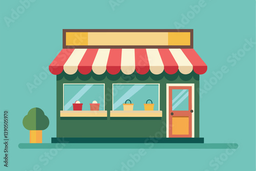 A charming storefront features a colorful striped awning, inviting windows adorned with baskets, and a small green tree nearby, creating a welcoming daytime atmosphere.