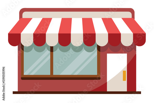 A charming storefront features a bright red and white striped awning, large windows that showcase inviting displays, and an open door welcoming visitors to the local shop.