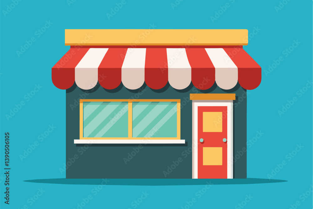 A small retail establishment features a red and white striped awning, large windows, and a bright red door, creating a welcoming atmosphere in a lively neighborhood. A small retail establishment features a red and white striped awning, large windows, and a bright red door, creating a welcoming atmosphere in a lively neighborhood.