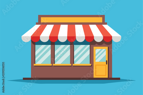 A charming storefront features a red and white striped awning and large windows, creating an inviting atmosphere for shoppers on a bright day.