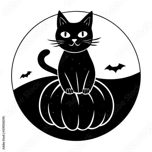 Black cat and pumpkin Halloween vector illustration. Great for printables, party decor, and digital products.