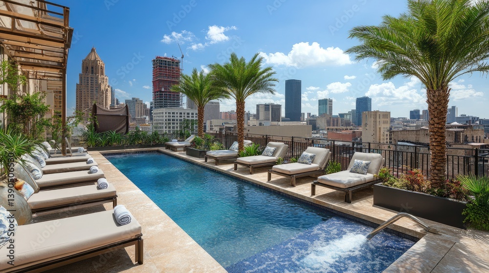 Fototapeta premium Luxurious Rooftop Pool with Modern Lounge Chairs Overlooking a Vibrant Cityscape Under a Clear Blue Sky