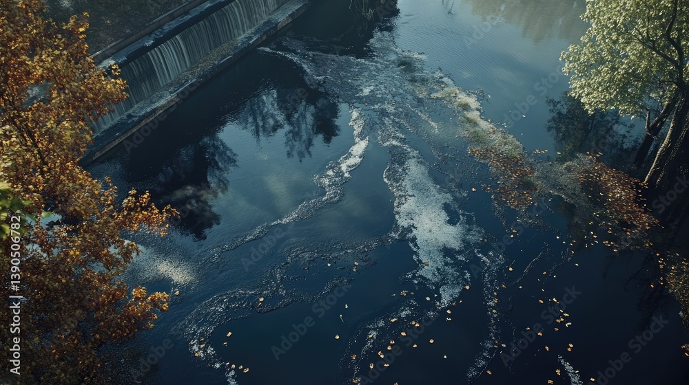 Obraz premium Contaminated water from a large industrial complex seeping into a nearby lake.