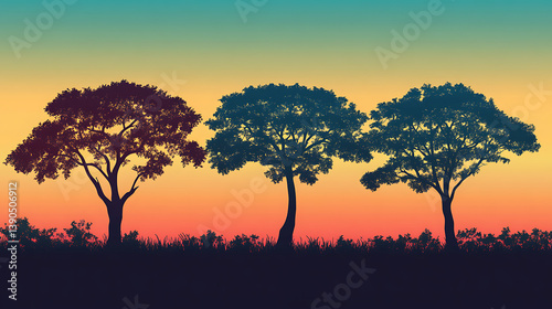 Three trees silhouetted against a vibrant sunset.