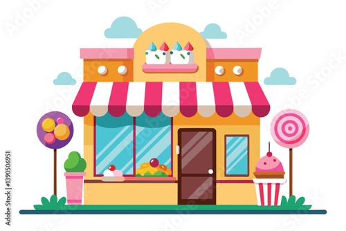 A charming ice cream shop with a vibrant facade includes colorful candy displays, a striped awning, and playful motifs that invite customers to enjoy sweet treats.