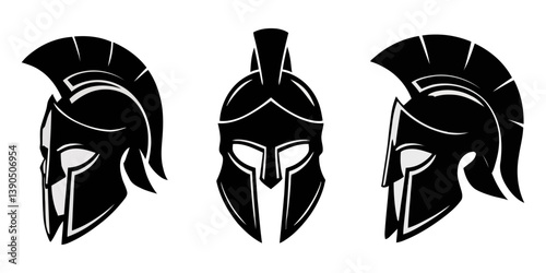Vector set of Spartan helmets silhouettes isolated on a white background. Roman and Greek warrior helmet designs, Spartan helmet silhouette. Helmet icon. Black helmet. Helmet logo. Vector, Spartan.