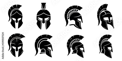 Vector set of Spartan helmets silhouettes isolated on a white background. Roman and Greek warrior helmet designs, Spartan helmet silhouette. Helmet icon. Black helmet. Helmet logo. Vector, Spartan.