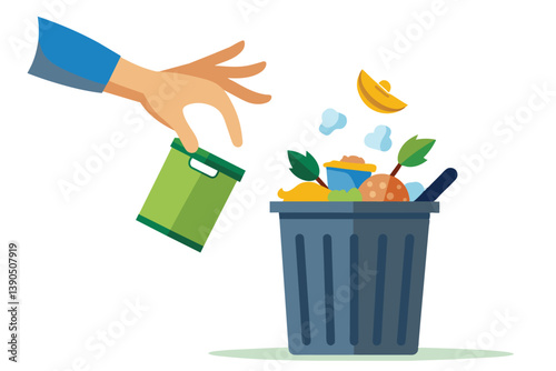 A hand reaches out to throw food scraps into a recycling bin, illustrating the importance of proper waste disposal and environmental responsibility.