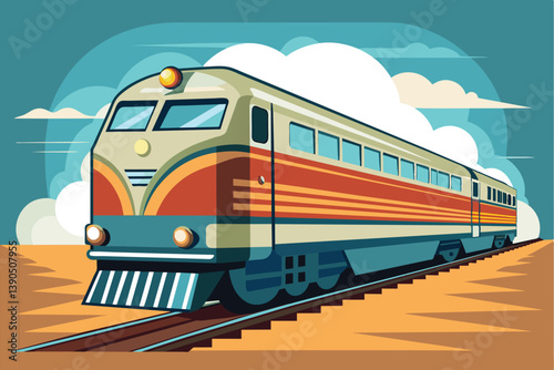 A classic train moves along railway tracks across a vast desert, under a bright blue sky adorned with soft clouds, showcasing a sense of adventure and nostalgia.
