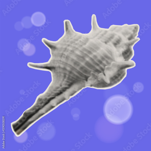 Seashell, sea life, underwater. Shell in sea, ocean or aquarium. Coastal wildlife, tropical conch. Contemporary collage art. Vector illustration.